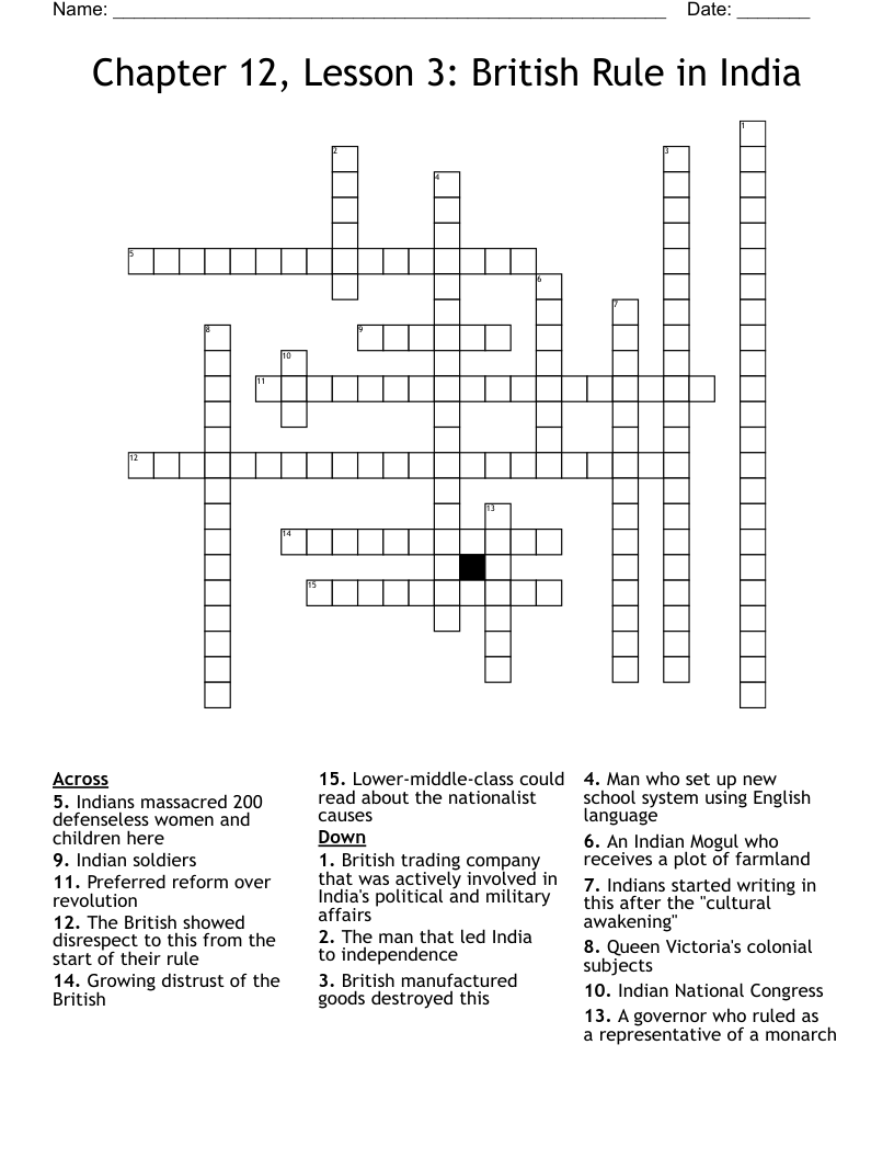 Chapter 12, Lesson 3: British Rule in India Crossword