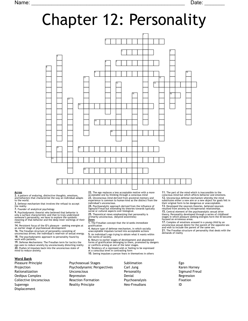 Chapter 12: Personality Crossword