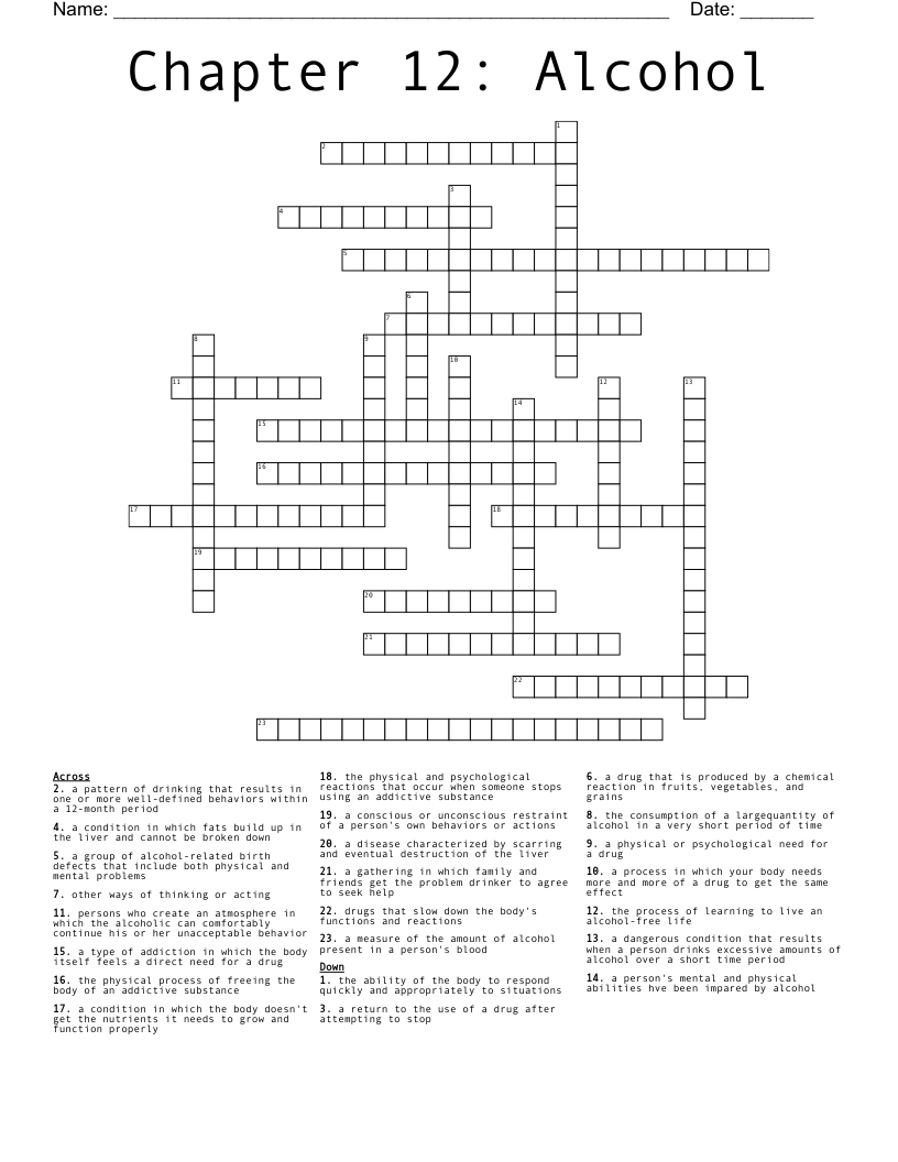 Chapter 12:  Alcohol  Crossword