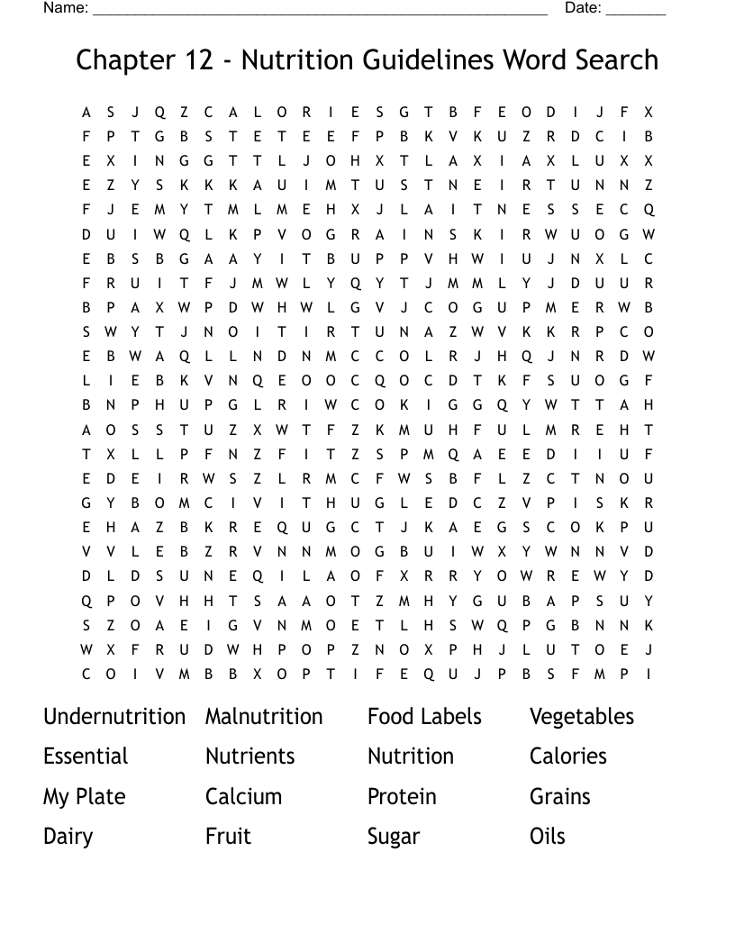 Chapter 12 - Nutrition Guidelines Word Search
