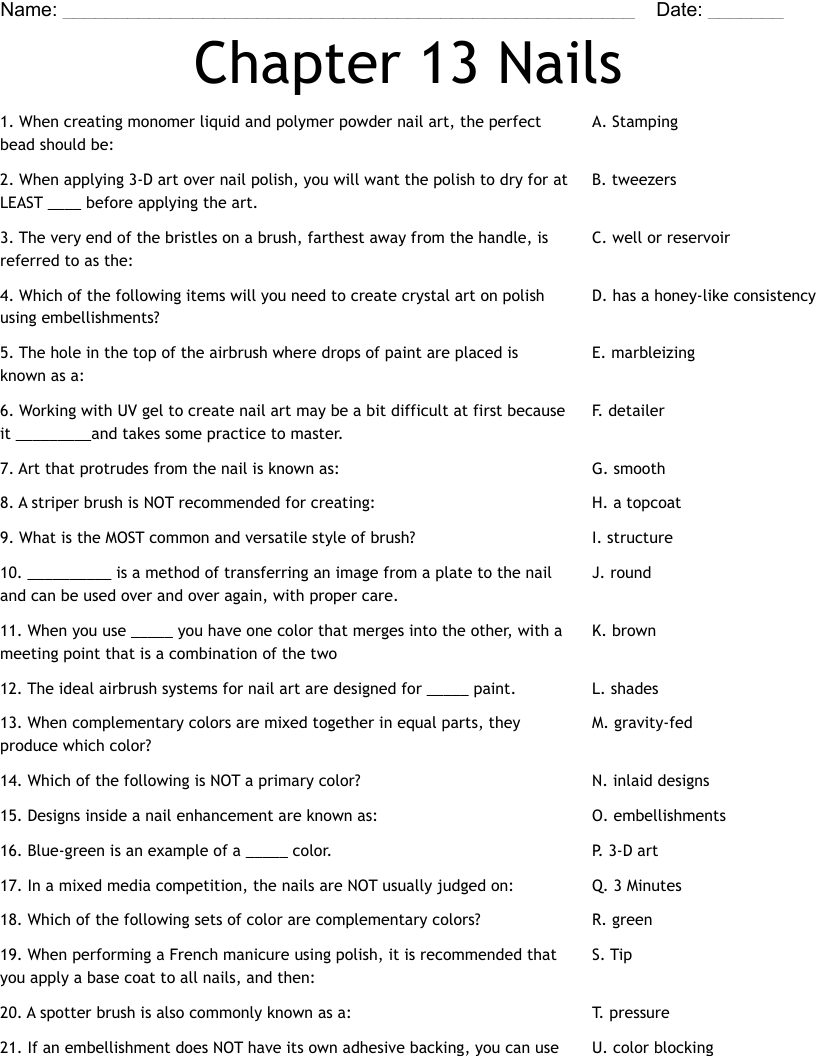 Chapter 13 Nails Worksheet