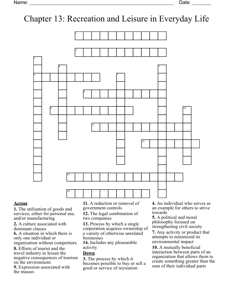 Chapter 13: Recreation and Leisure in Everyday Life Crossword