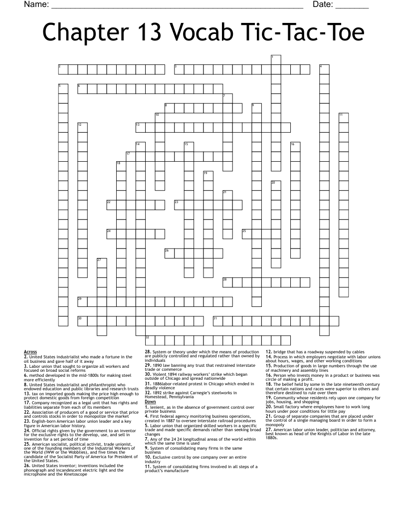 Chapter 13 Vocab Tic-Tac-Toe Crossword