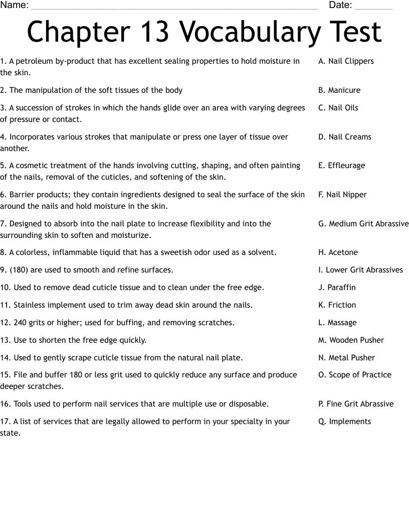 Chapter 13 Vocabulary Test Worksheet