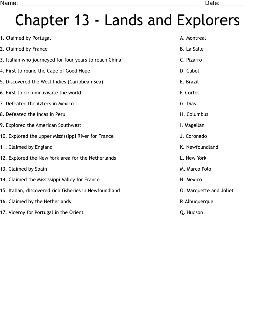 Chapter 13 - Lands and Explorers  Worksheet