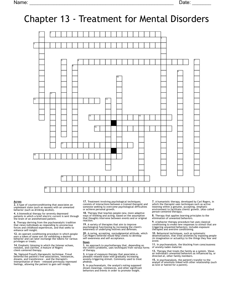 Chapter 13 - Treatment for Mental Disorders Crossword