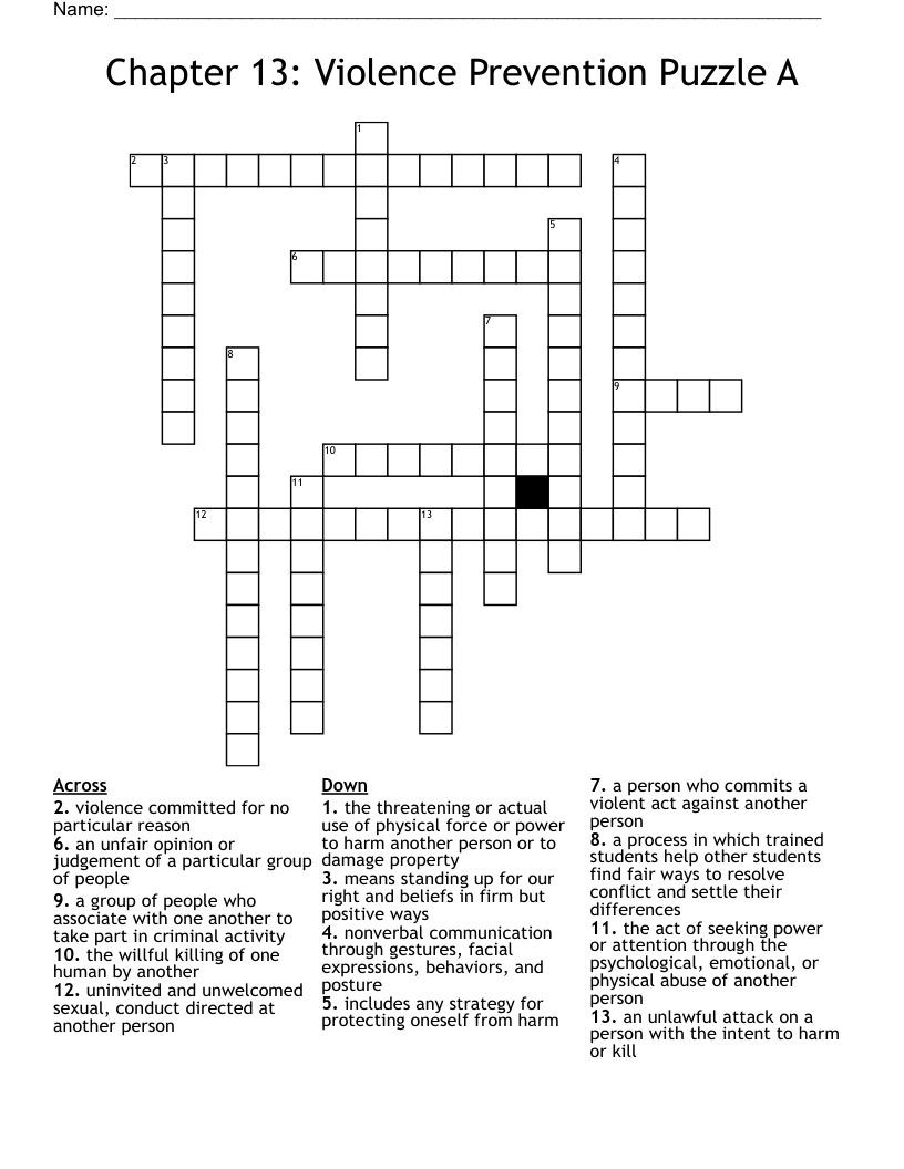 Chapter 13:  Violence Prevention  Puzzle A Crossword