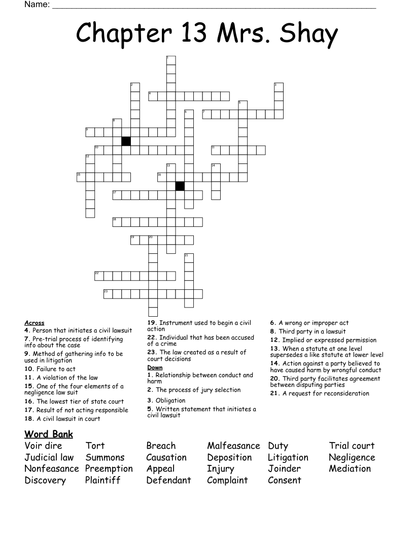 Chapter 13   Mrs. Shay    Crossword