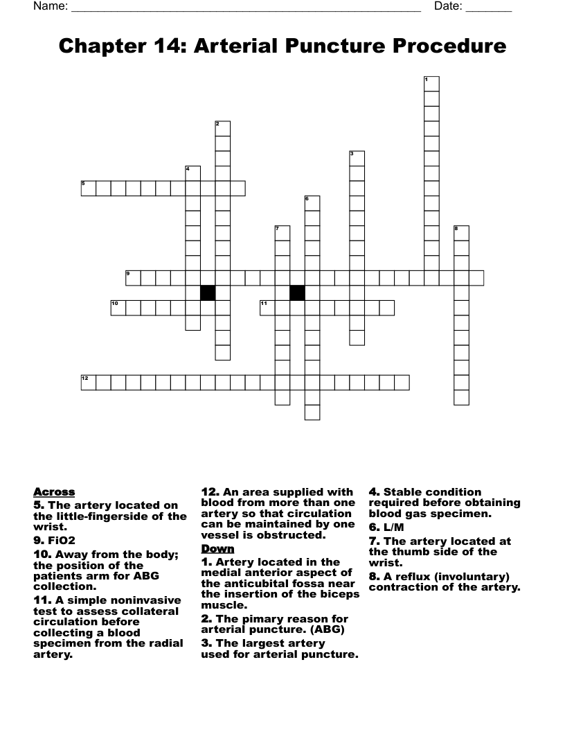 Chapter 14: Arterial Puncture Procedure Crossword