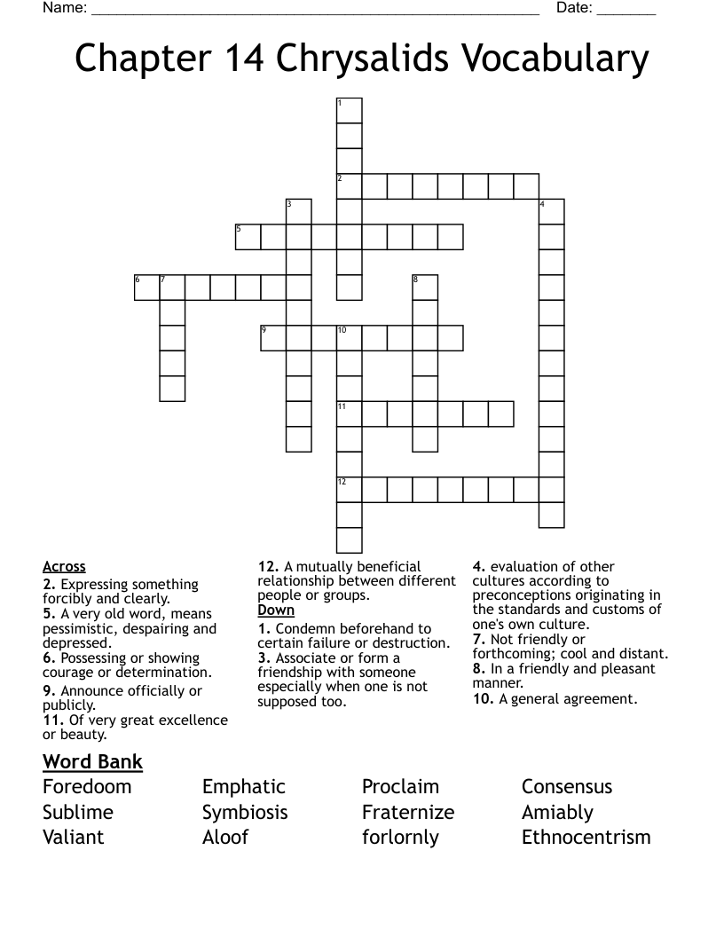 Chapter 14 Chrysalids Vocabulary Crossword