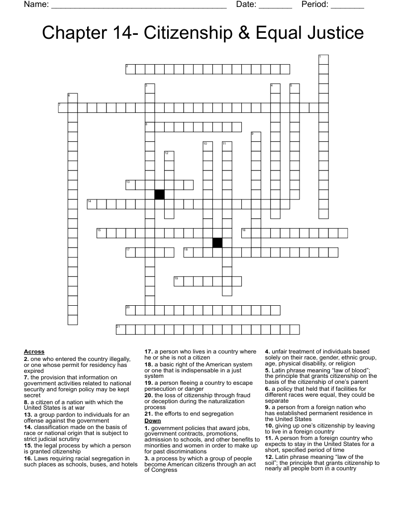 Chapter 14- Citizenship & Equal Justice Crossword