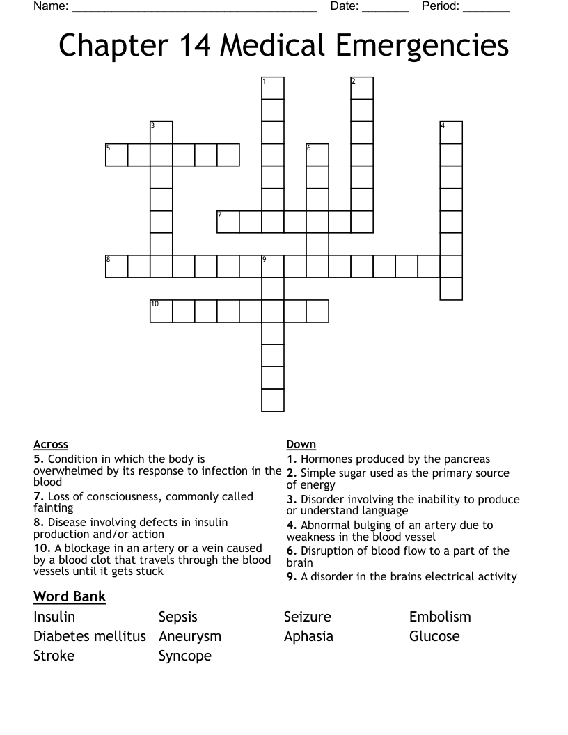 Chapter 14 Medical Emergencies Crossword
