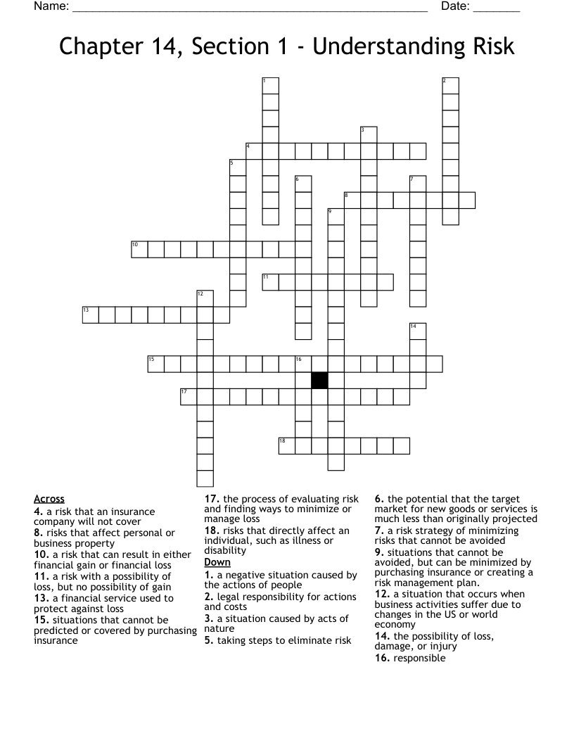 Chapter 14, Section 1 - Understanding Risk Crossword