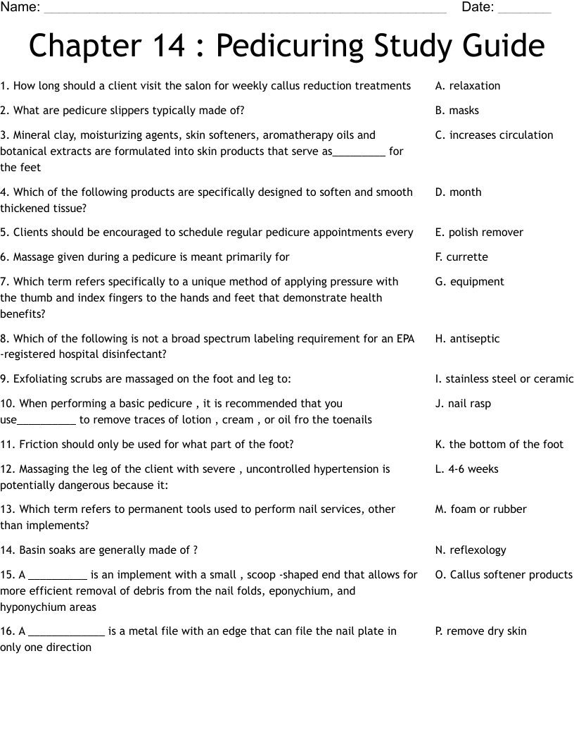 Chapter 14 : Pedicuring Study Guide Worksheet