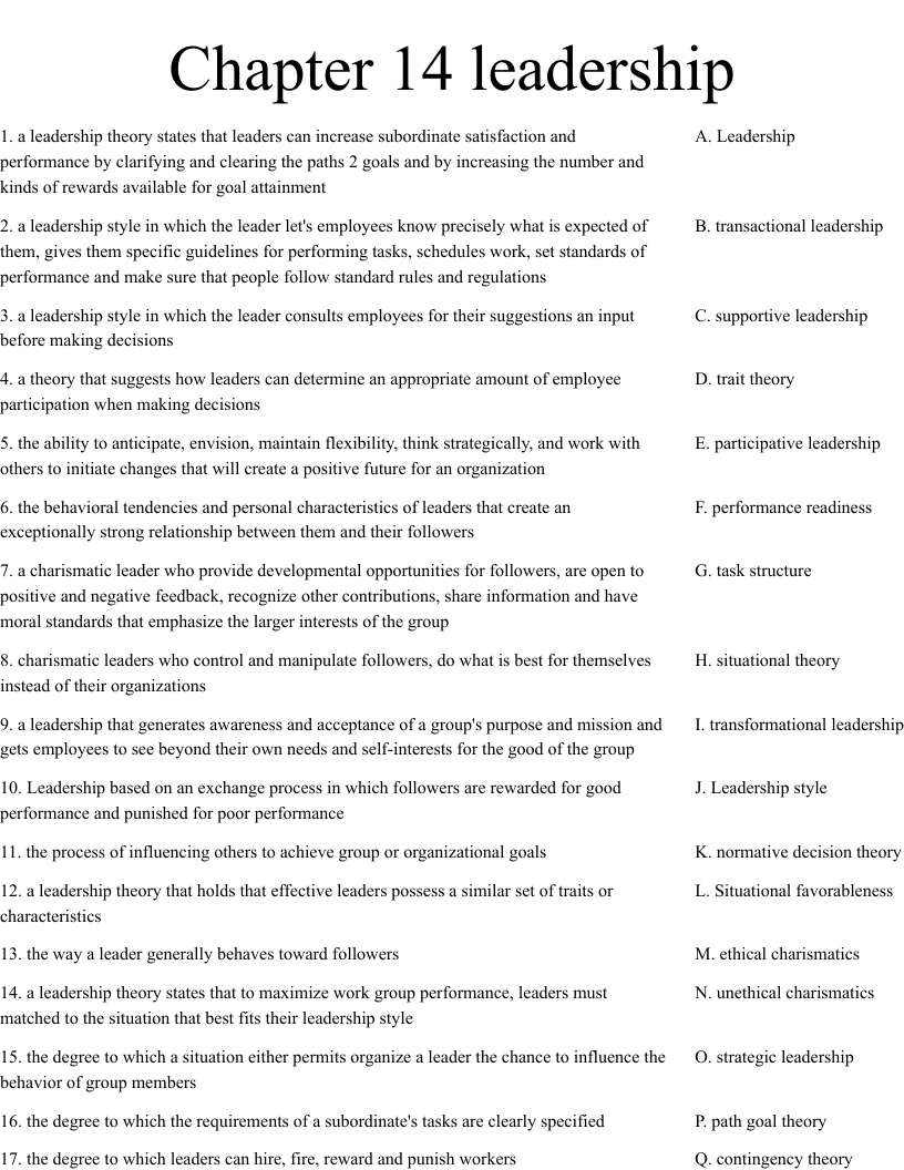 Chapter 14 leadership  Worksheet