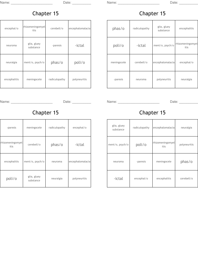 Chapter 15 Bingo Cards