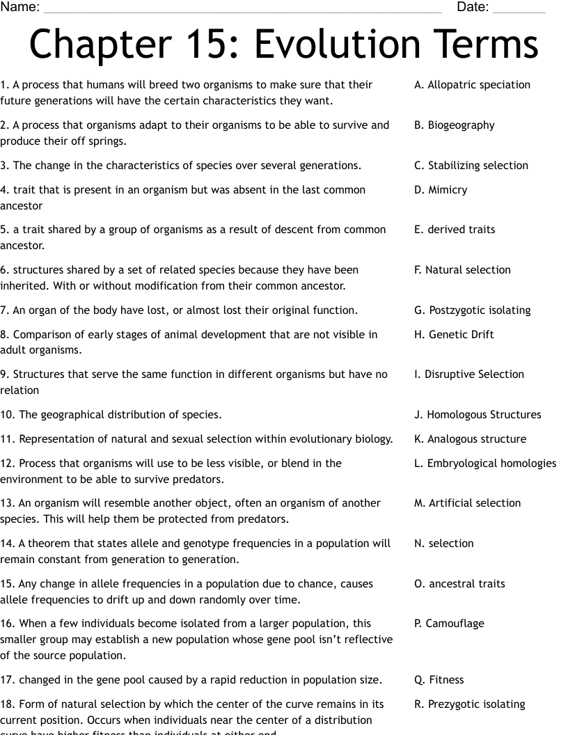 Chapter 15: Evolution Terms Worksheet