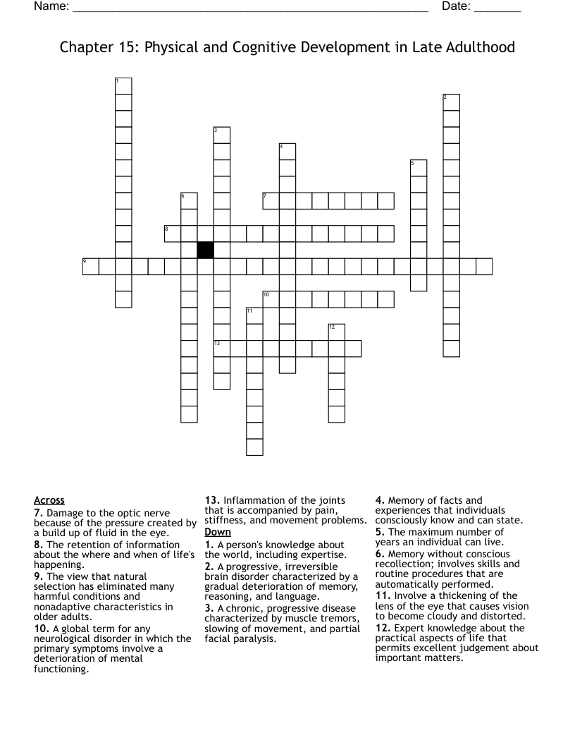 Chapter 15: Physical and Cognitive Development in Late Adulthood Crossword