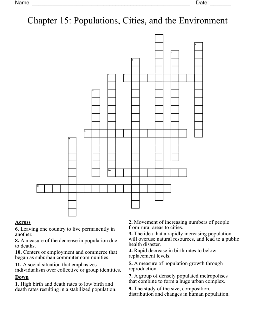 Chapter 15: Populations, Cities, and the Environment  Crossword
