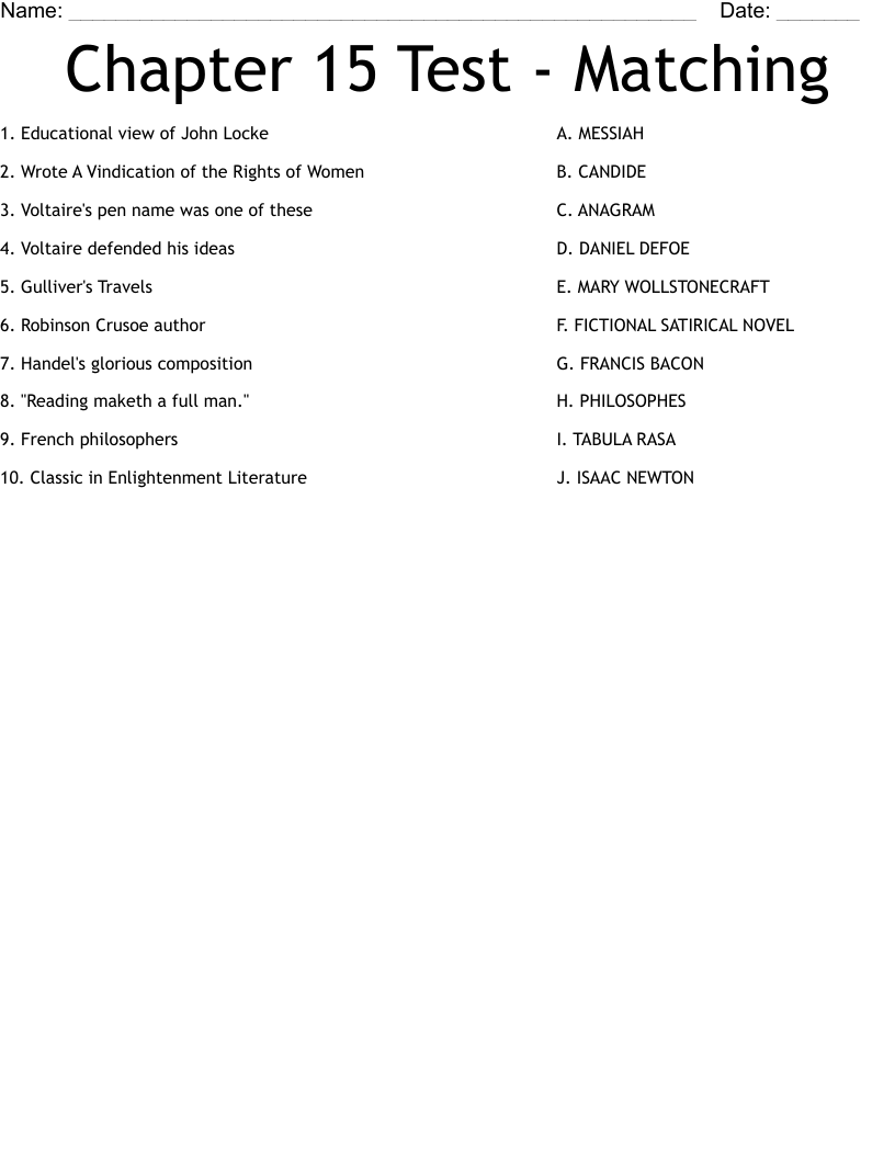 Chapter 15 Test - Matching  Worksheet