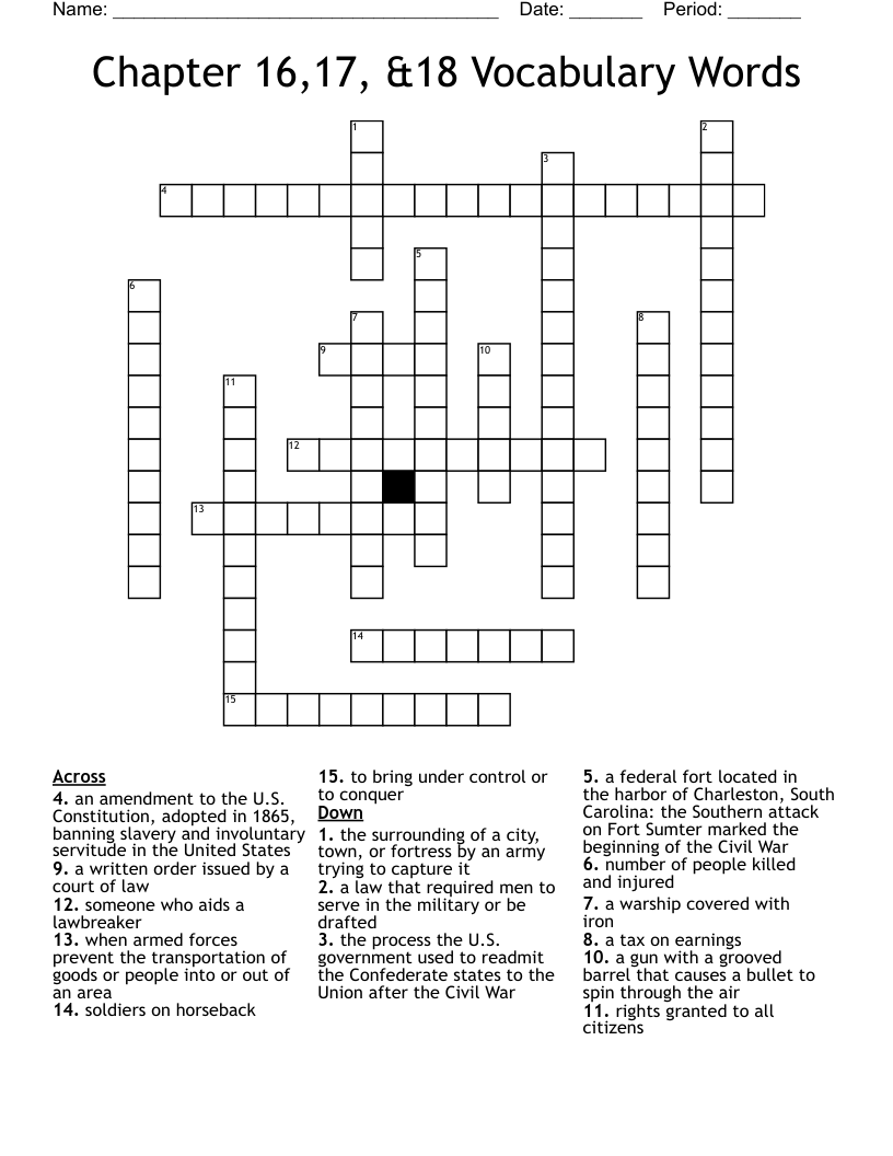 Chapter 16,17, &18 Vocabulary Words Crossword