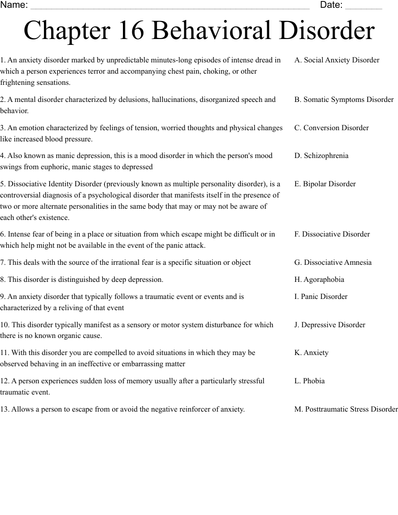 Chapter 16 Behavioral Disorder  Worksheet