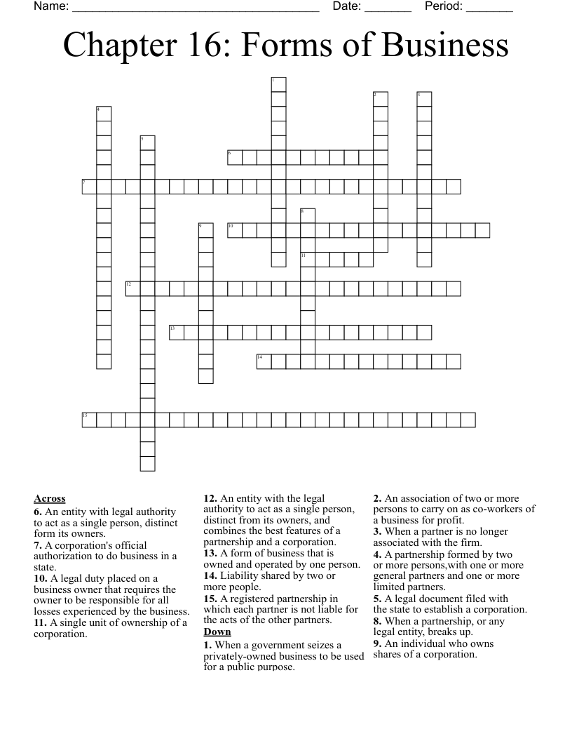 Chapter 16: Forms of Business Crossword