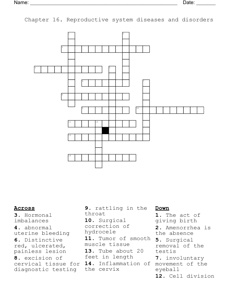 Chapter 16. Reproductive system diseases and disorders Crossword