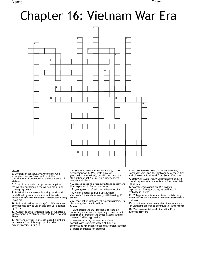 Chapter 16: Vietnam War Era Crossword