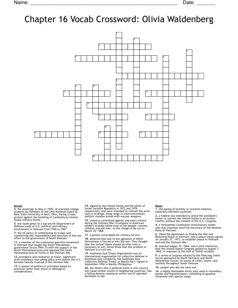 Chapter 16 Vocab Crossword: Olivia Waldenberg