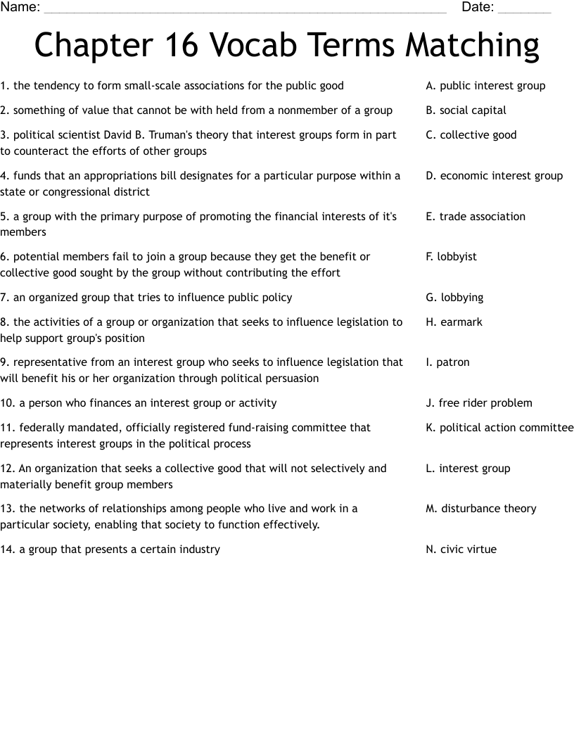Chapter 16 Vocab Terms Matching  Worksheet