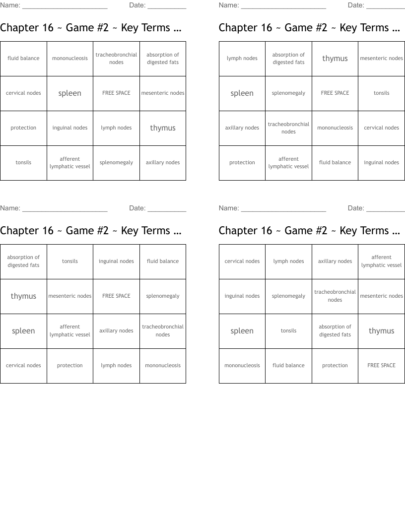Chapter 16 ~ Game #2 ~ Key Terms ~ Bingo ~ Mrs. Silvia