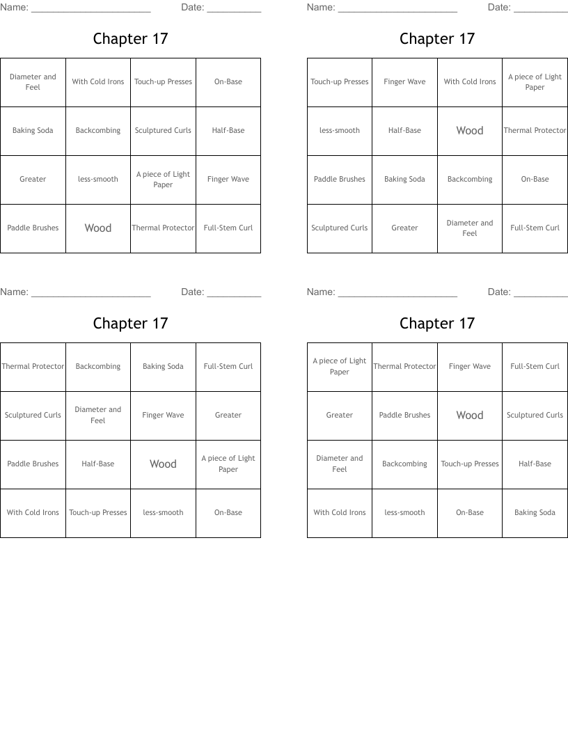 Chapter 17 Bingo Cards
