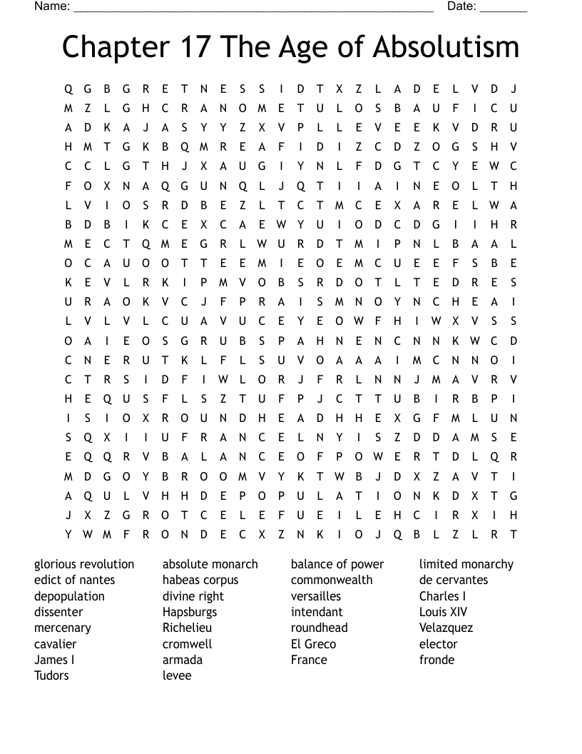 Chapter 17 The Age of Absolutism Word Search
