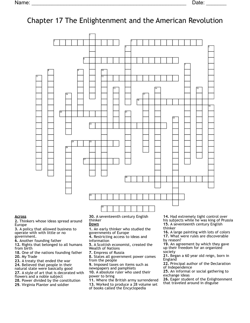 Chapter 17 The Enlightenment and the American Revolution  Crossword