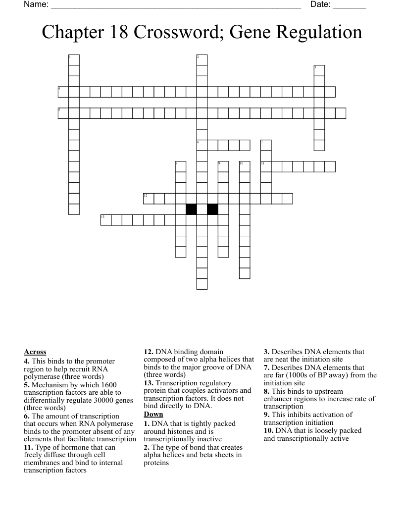 Chapter 18 Crossword; Gene Regulation