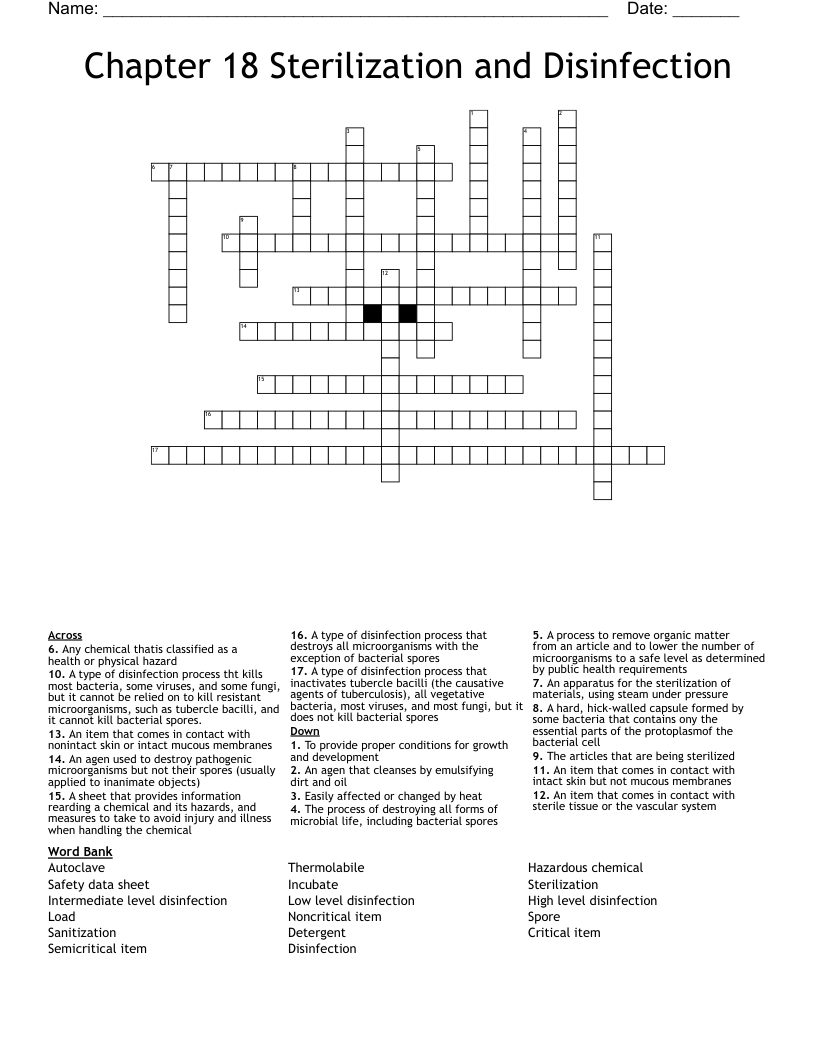 Chapter 18 Sterilization and Disinfection Crossword