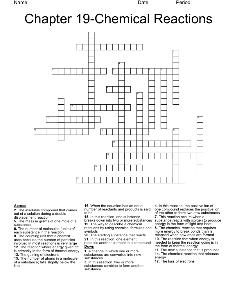 Chapter 19-Chemical Reactions Crossword
