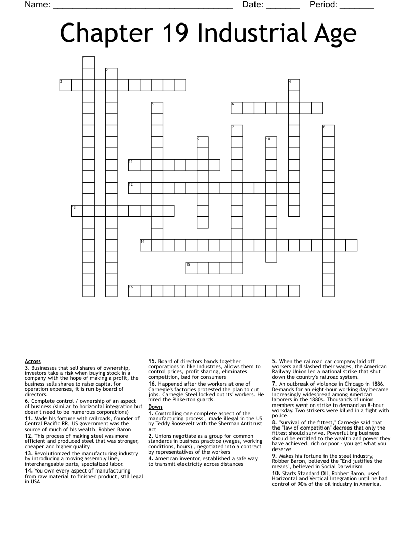 Chapter 19 Industrial Age Crossword