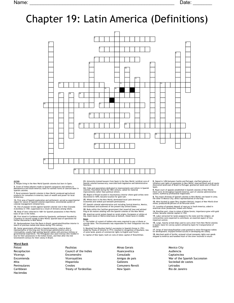 Chapter 19: Latin America (Definitions)  Crossword