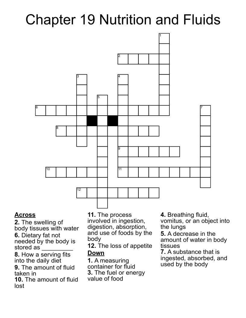 Chapter 19 Nutrition and Fluids Crossword