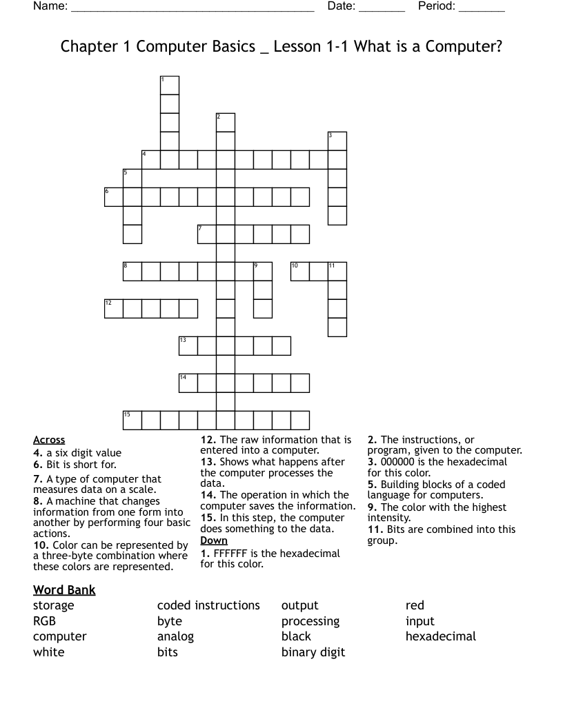 Chapter 1 Computer Basics  _ Lesson 1-1 What is a Computer? Crossword