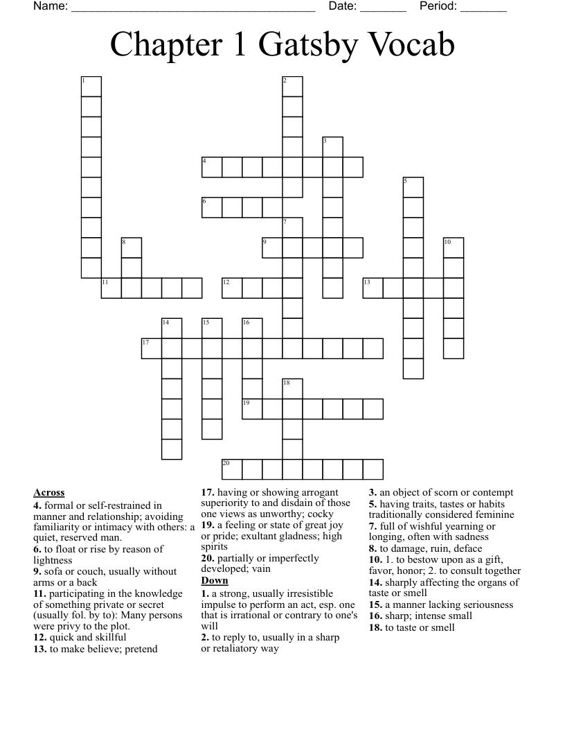 Chapter 1 Gatsby Vocab Crossword