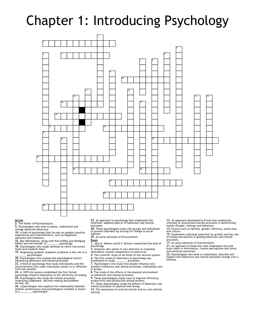 Chapter 1: Introducing Psychology Crossword