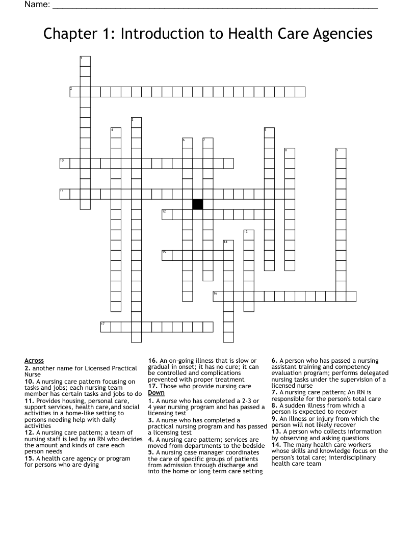 Chapter 1: Introduction to Health Care Agencies Crossword