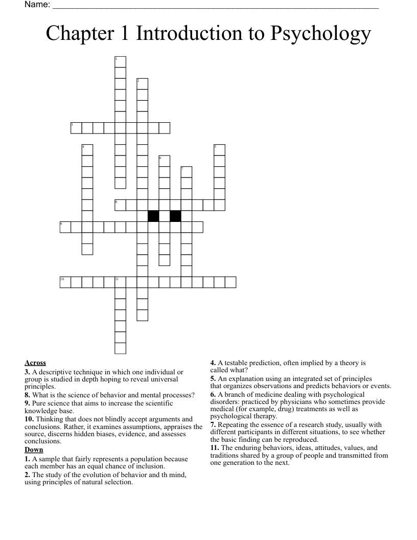 Chapter 1 Introduction to Psychology  Crossword