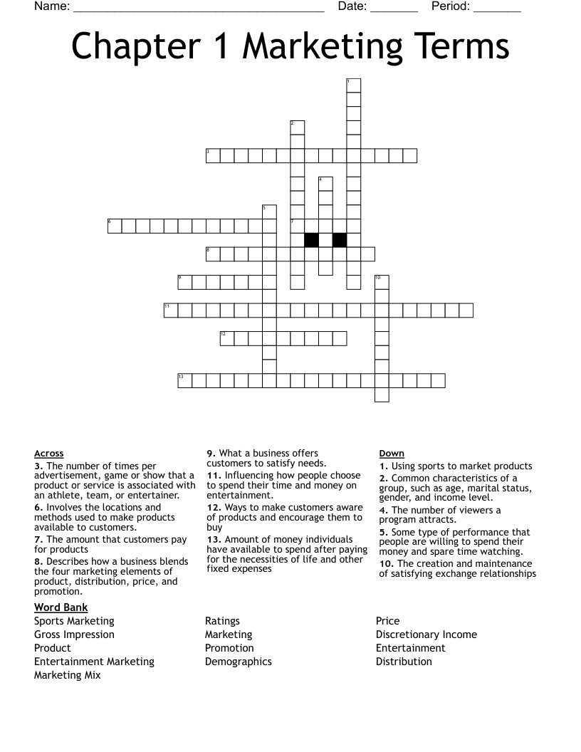 Chapter 1 Marketing Terms Crossword