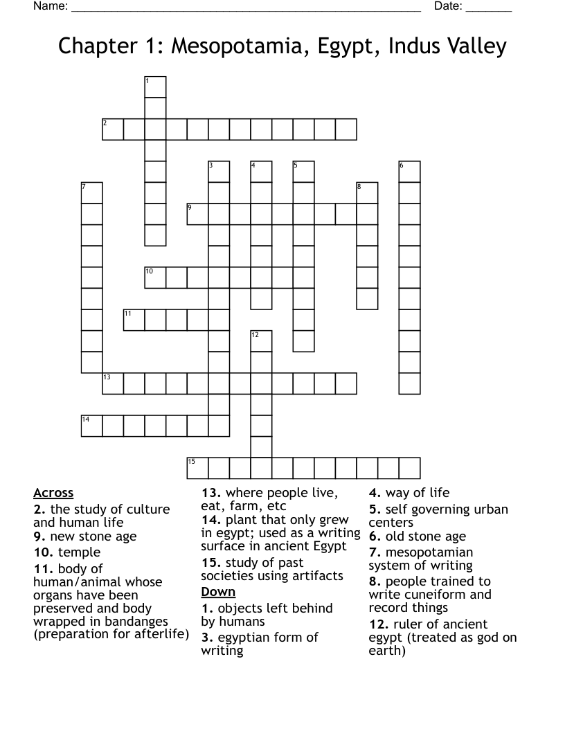 Chapter 1: Mesopotamia, Egypt, Indus Valley Crossword