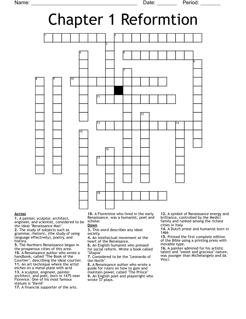 Chapter 1 Reformtion Crossword