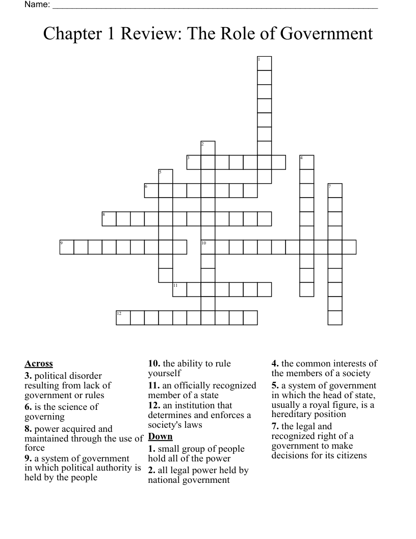 Chapter 1 Review: The Role of Government Crossword
